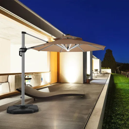 10 Feet 360° Rotation Aluminum Solar LED Patio Cantilever Umbrella without Weight Base-Tan