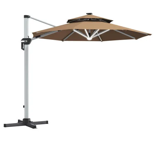 10 Feet 360° Rotation Aluminum Solar LED Patio Cantilever Umbrella without Weight Base-Tan