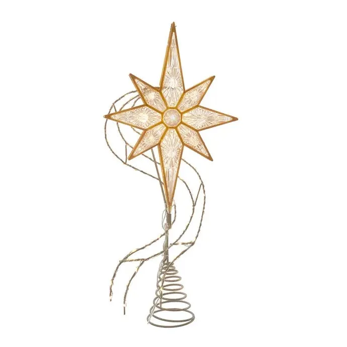 17" Pre-Lit Gold Glittered 8-point Star Treetop