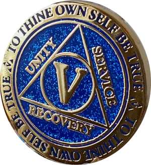 5 Year AA Medallion Reflex Blue Glitter Gold Plated Sobriety Chip