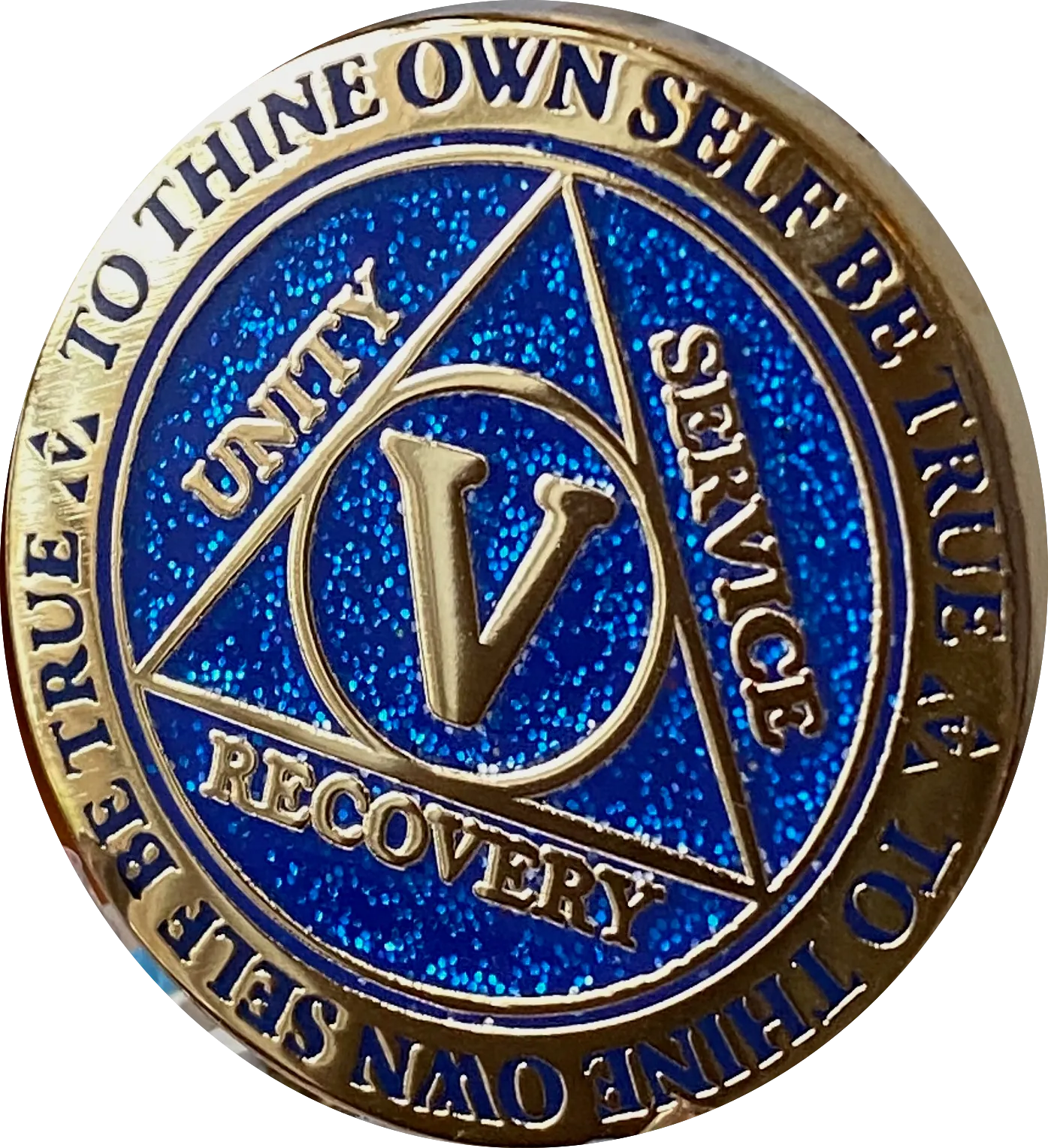 5 Year AA Medallion Reflex Blue Glitter Gold Plated Sobriety Chip