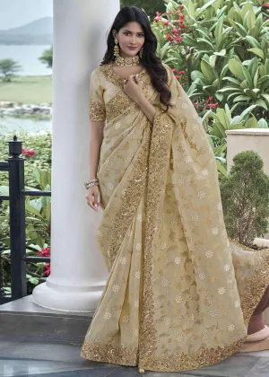 Beige Viscose Silk Embroidered Designer Wedding Saree