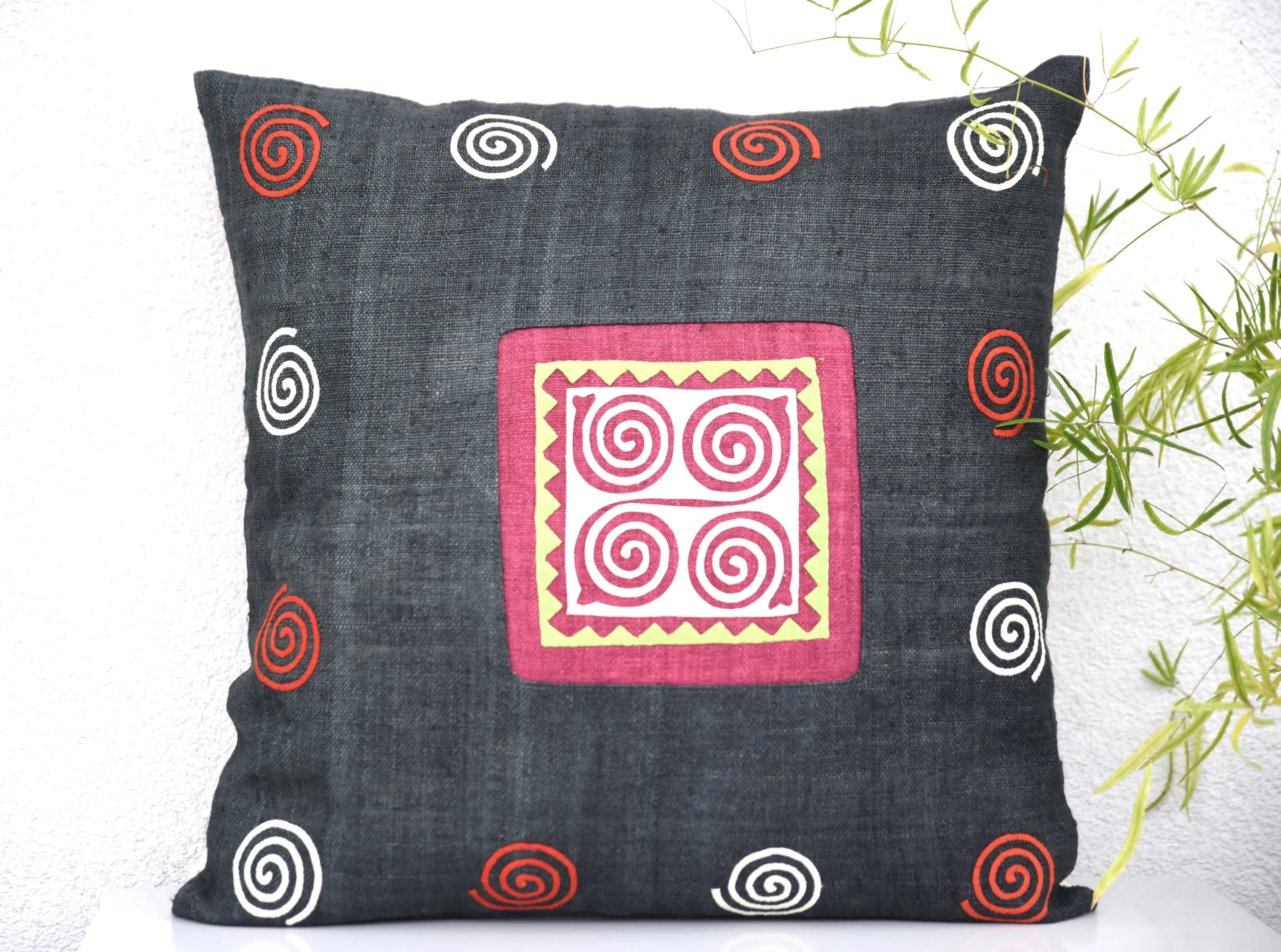 Black Cushion Cover (45x45 cm), embroidery along, black and white hand-embroidered patch