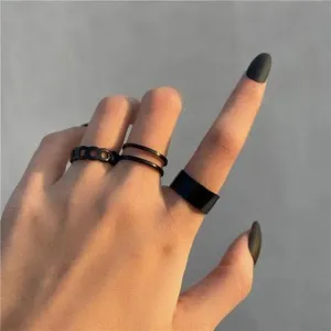 Boho Midi Finger Black Metal Ring Set - Set Of 3