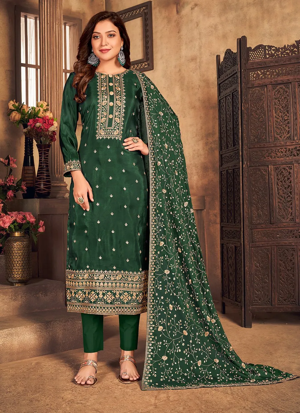 Bottle Green Viscose Embroidered Straight Pant Style Suit