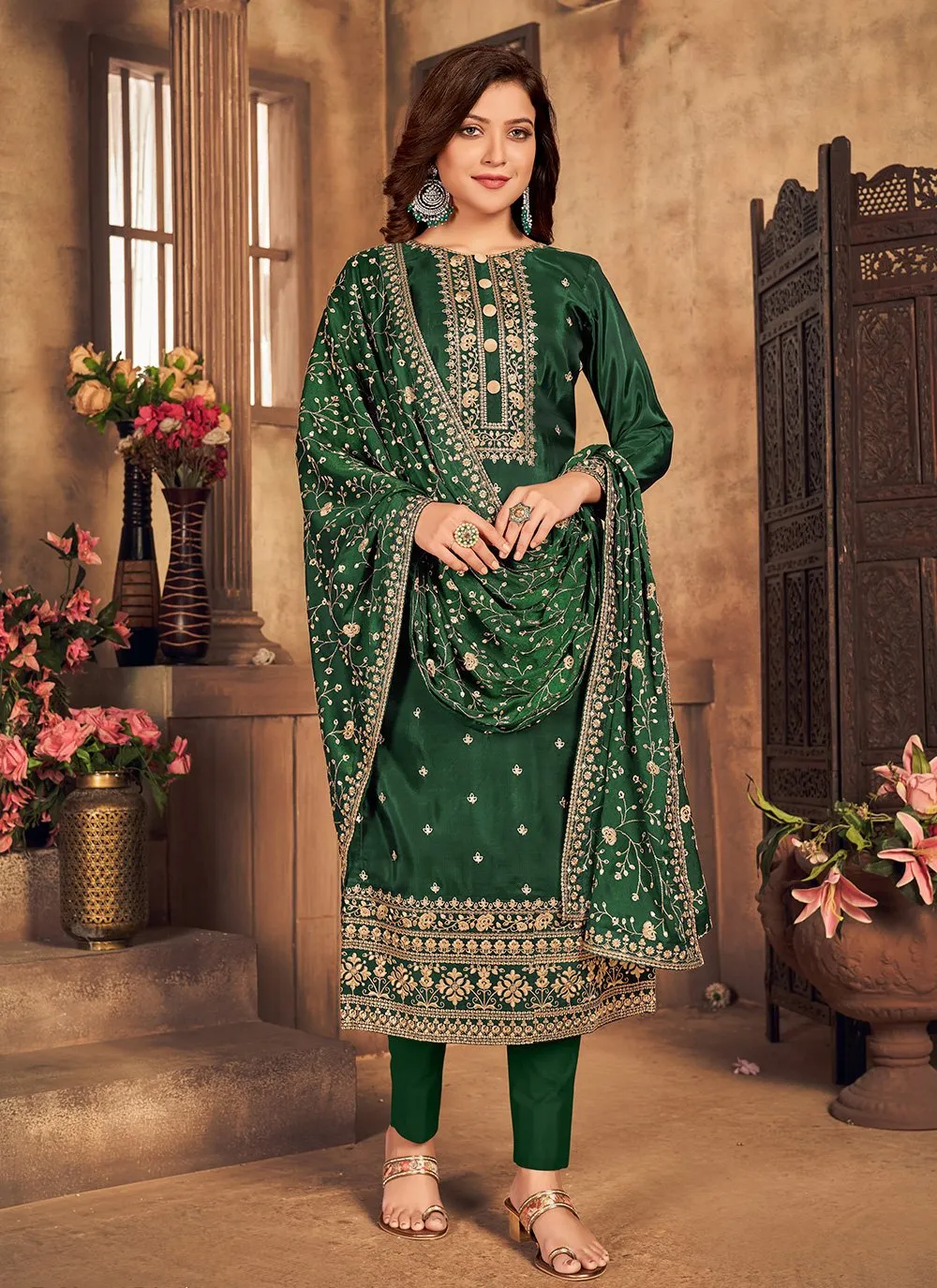 Bottle Green Viscose Embroidered Straight Pant Style Suit