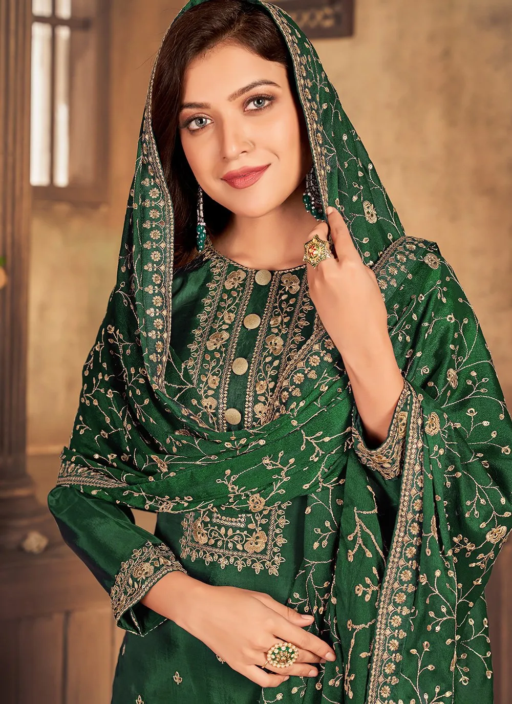 Bottle Green Viscose Embroidered Straight Pant Style Suit