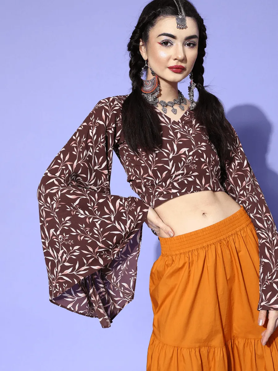 Brown Polyester Printed Crop Top