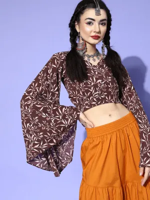 Brown Polyester Printed Crop Top