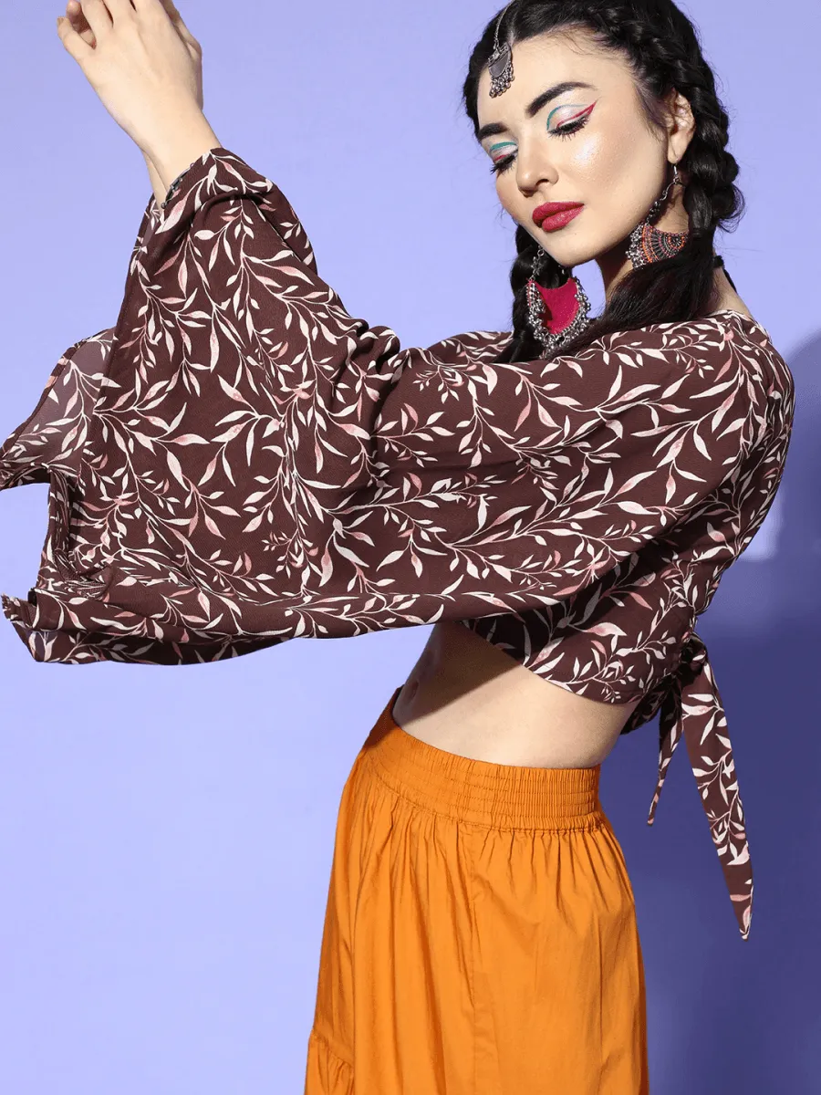 Brown Polyester Printed Crop Top