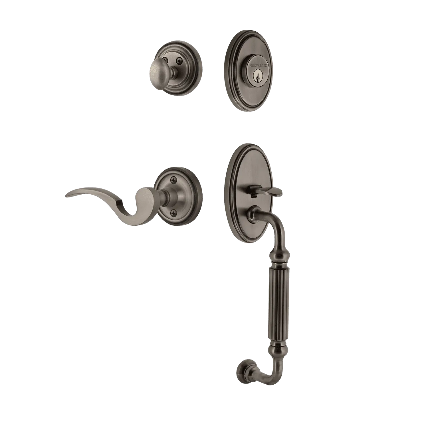 Classic Handleset with F-Grip and Classic Rosette with Manor Lever in Antique Pewter