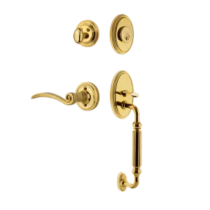 Classic Handleset with F-Grip and Classic Rosette with Swan Lever in Polished Brass