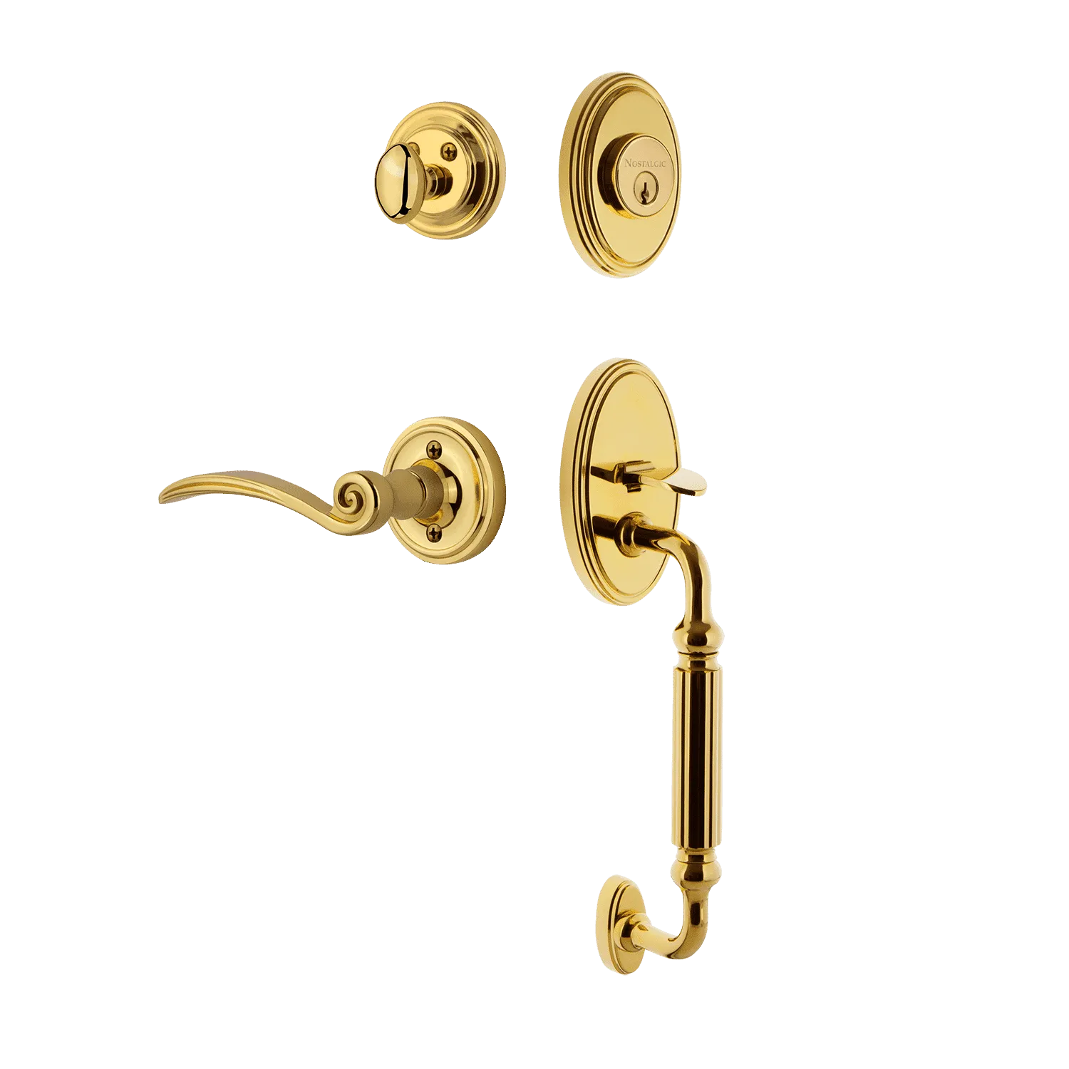 Classic Handleset with F-Grip and Classic Rosette with Swan Lever in Polished Brass