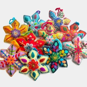 Colorful Snowflake Ornaments, Embroidered Wool Variety 12 Pack