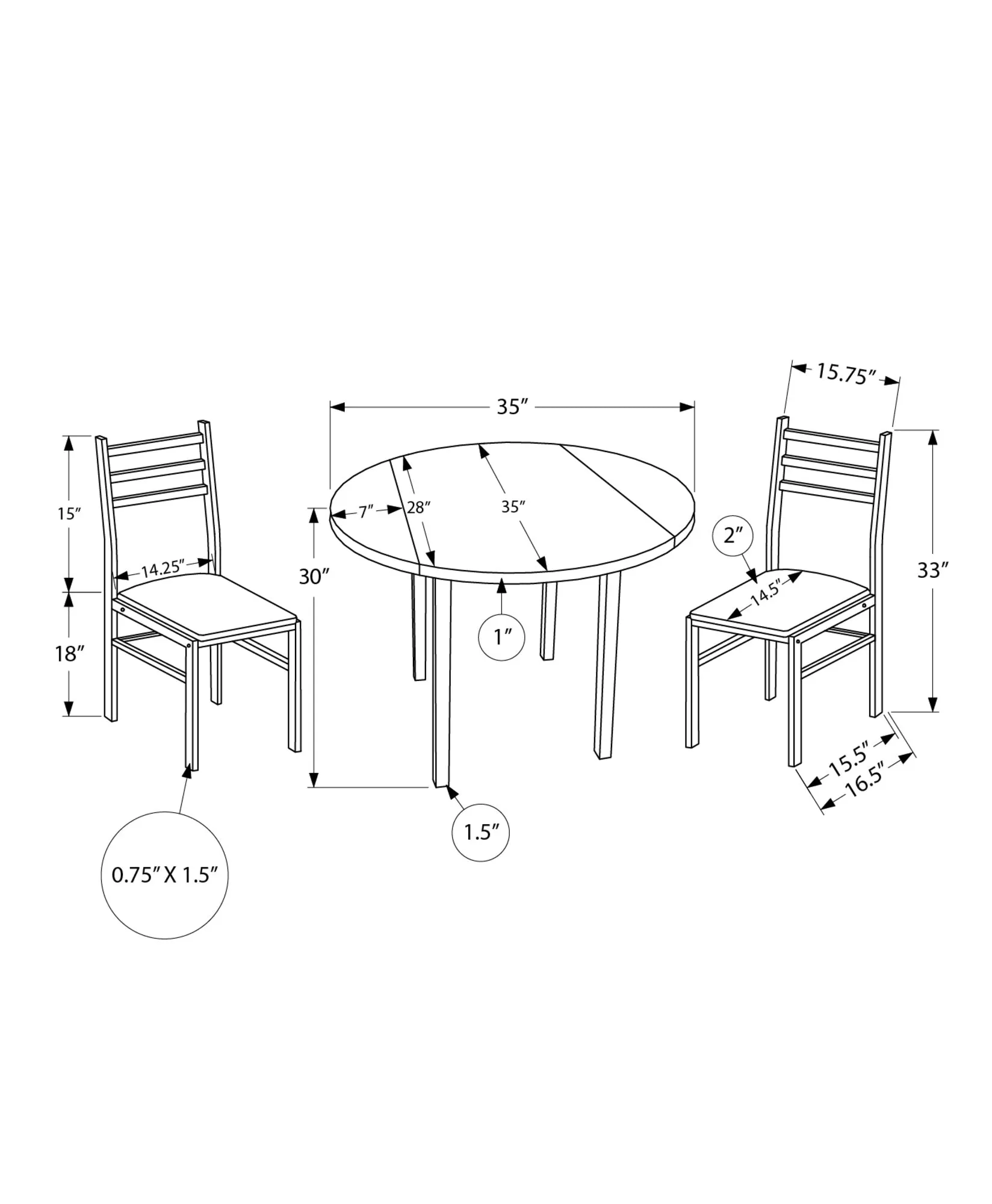 Contemporary 3pcs Dining Table Set, Small 35" Drop Leaf, Black Metal & Grey Laminate