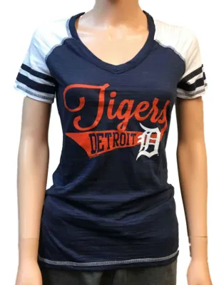 Detroit Tigers SAAG Women Navy Light Baseball Tri-Blend V-Neck T-Shirt