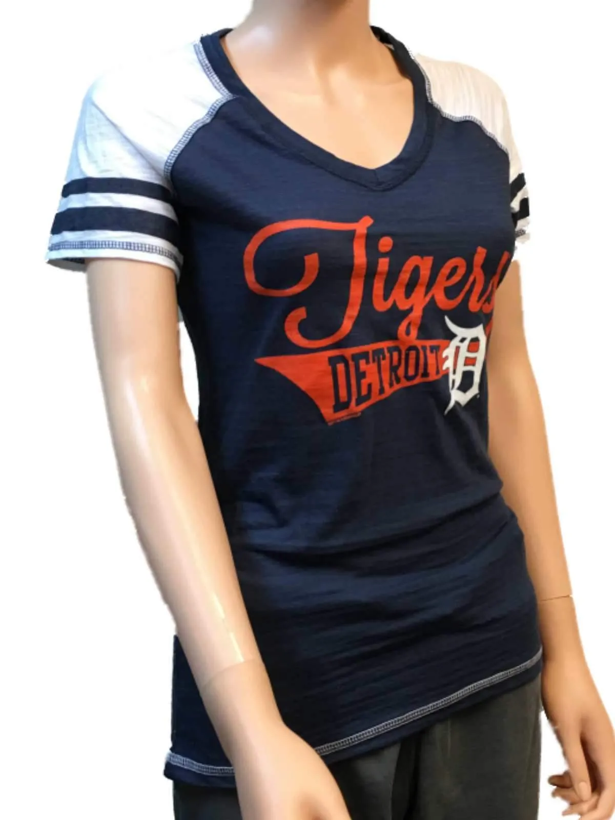 Detroit Tigers SAAG Women Navy Light Baseball Tri-Blend V-Neck T-Shirt