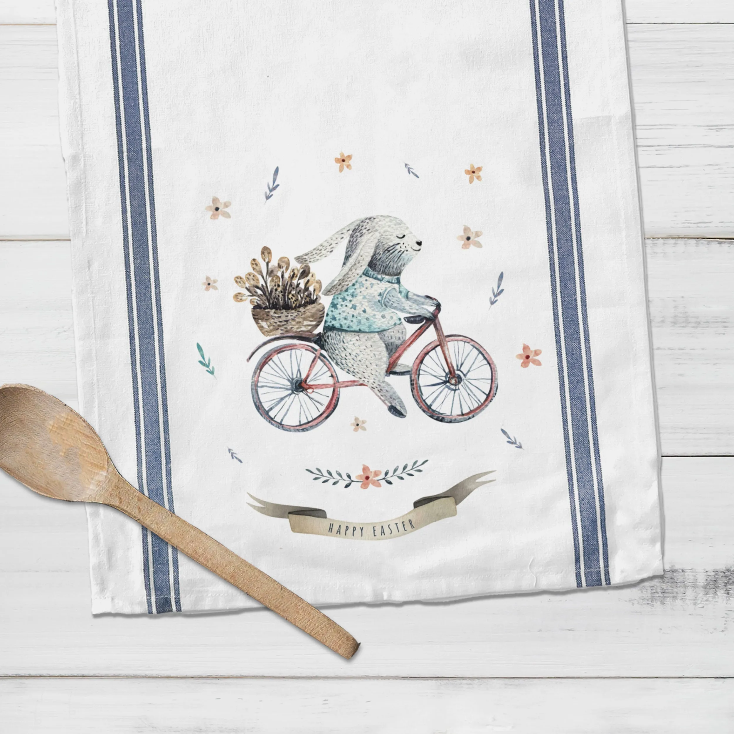 Easter cotton tea towel | happy easter kitchen dish towel | watercolor easter bunny striped decorative spring tea towel