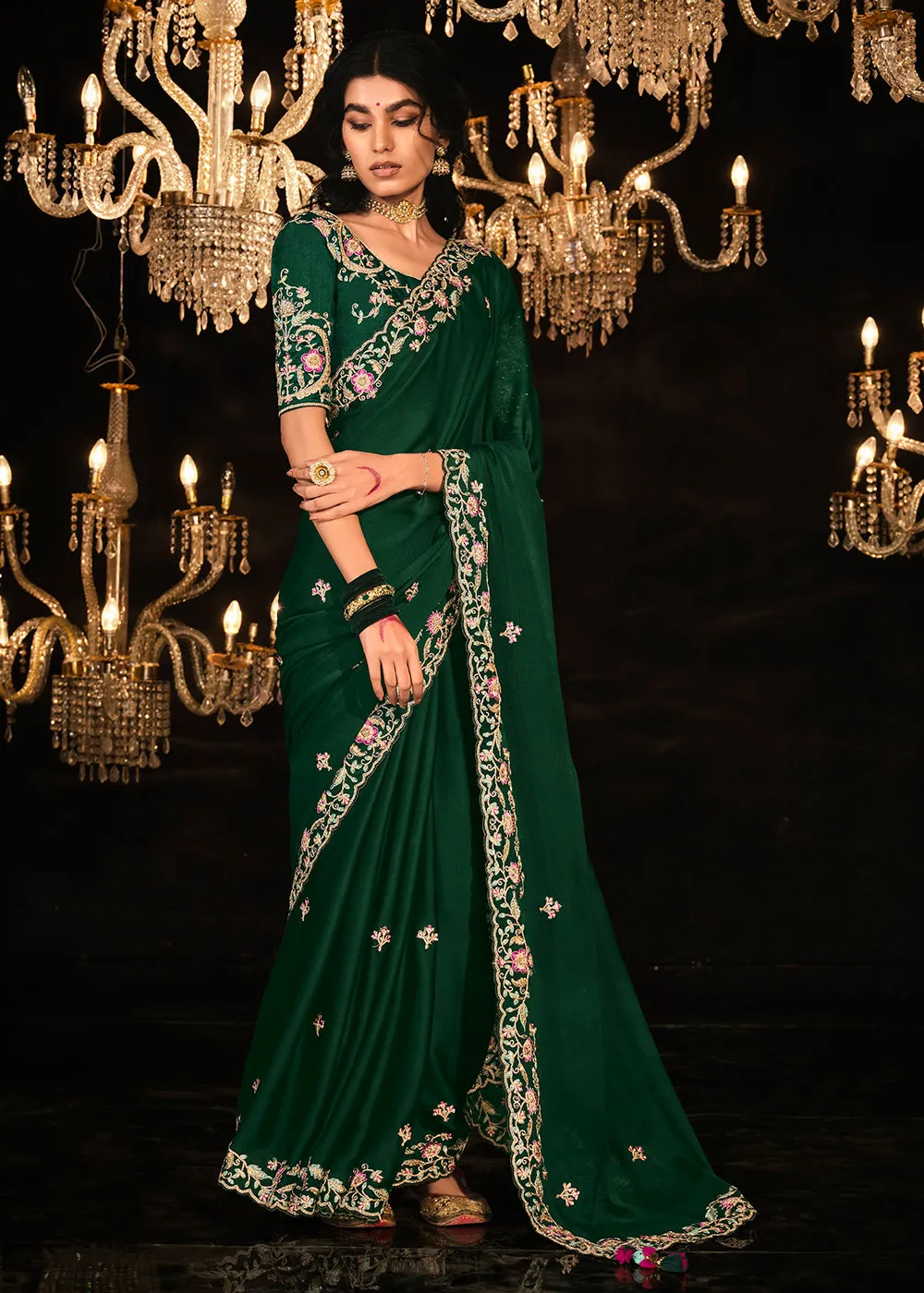 Fancy Bottle Green Embroidered Designer Wedding Wear Saree