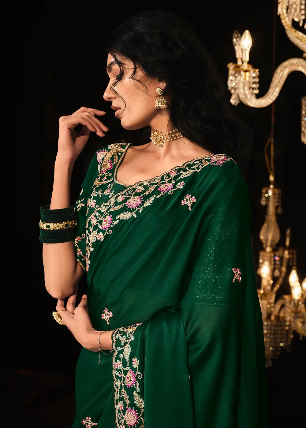 Fancy Bottle Green Embroidered Designer Wedding Wear Saree