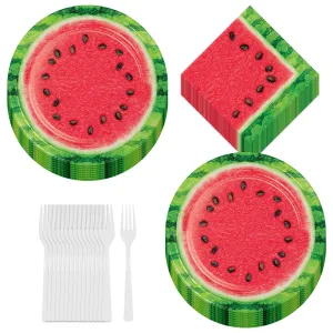 Farm Fresh Watermelon Party Supplies - Melon Paper Dinner Plates with Green Rind Trim, Lunch Napkins, and Forks (16 Plates, Napkins, & Forks)