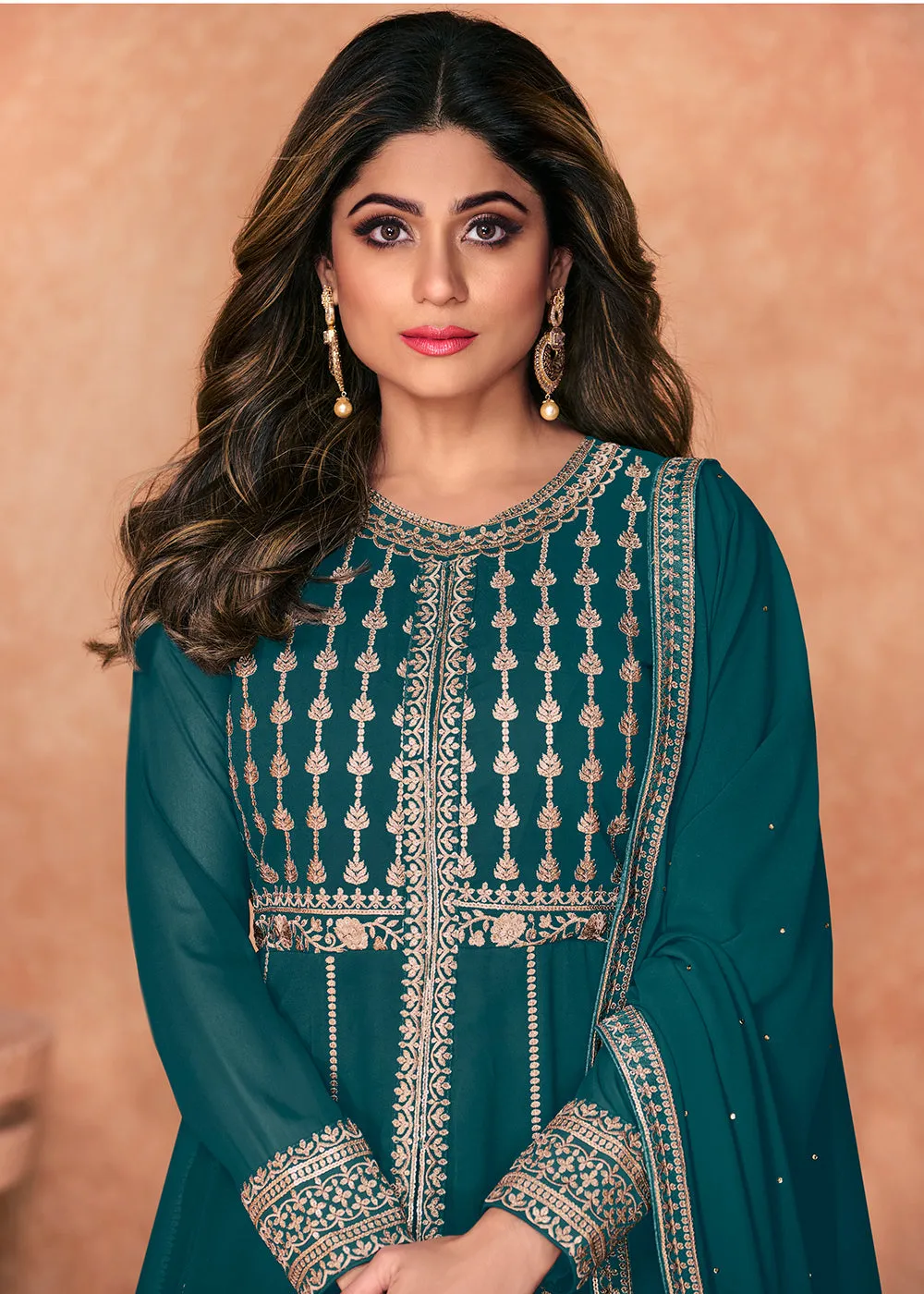 Georgette Embroidered Teal Blue Long Anarkali Gown