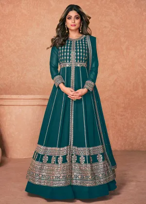 Georgette Embroidered Teal Blue Long Anarkali Gown