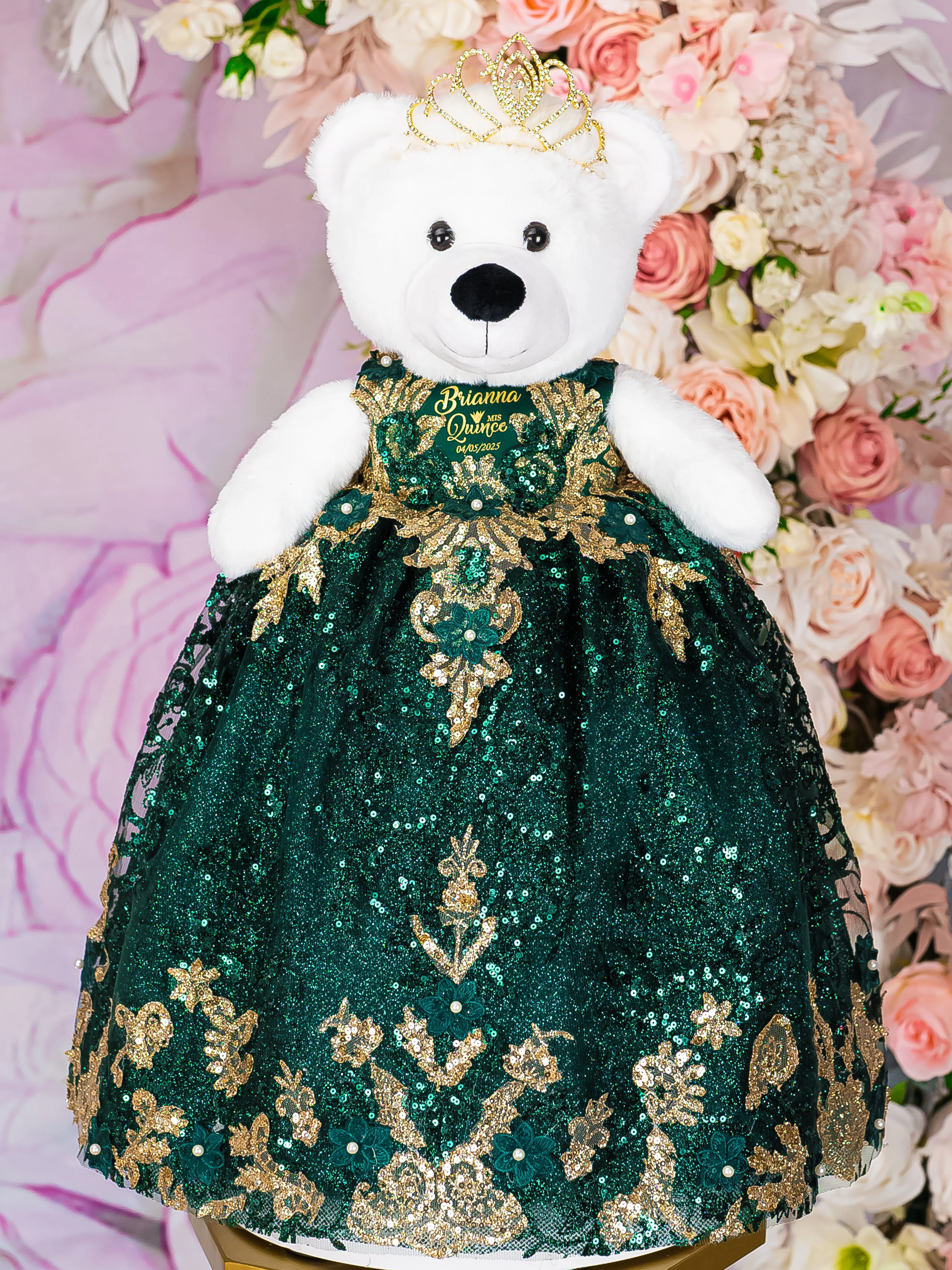 Green with gold Quinceanera pillows set and teddy bear