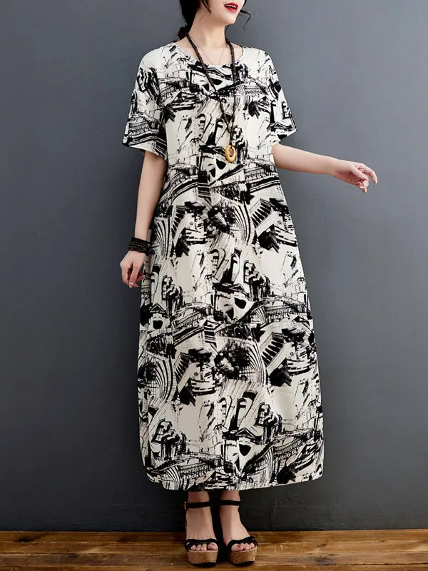 Half Sleeves Loose Abstract Printed Round-Neck Midi Dresses