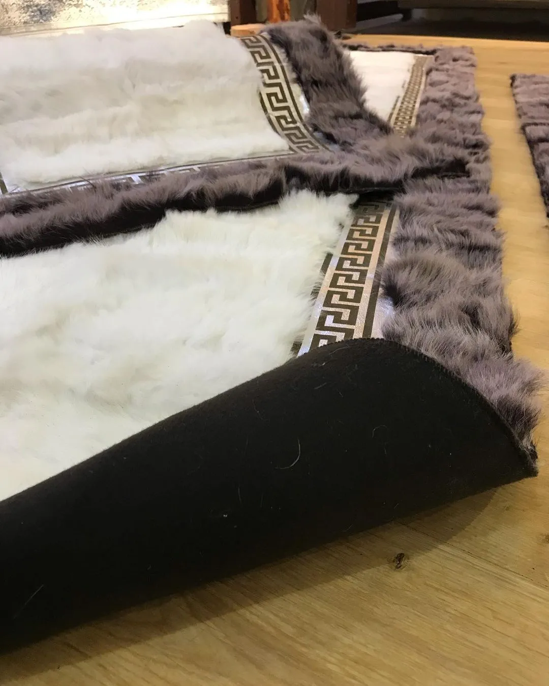 Handmade Gray White Organic Sheepskin Runner Rug , Fluffy Soft Carpet