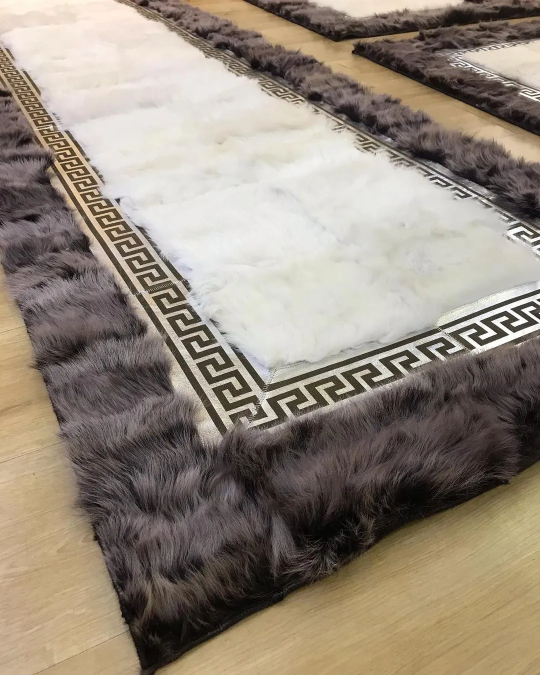 Handmade Gray White Organic Sheepskin Runner Rug , Fluffy Soft Carpet