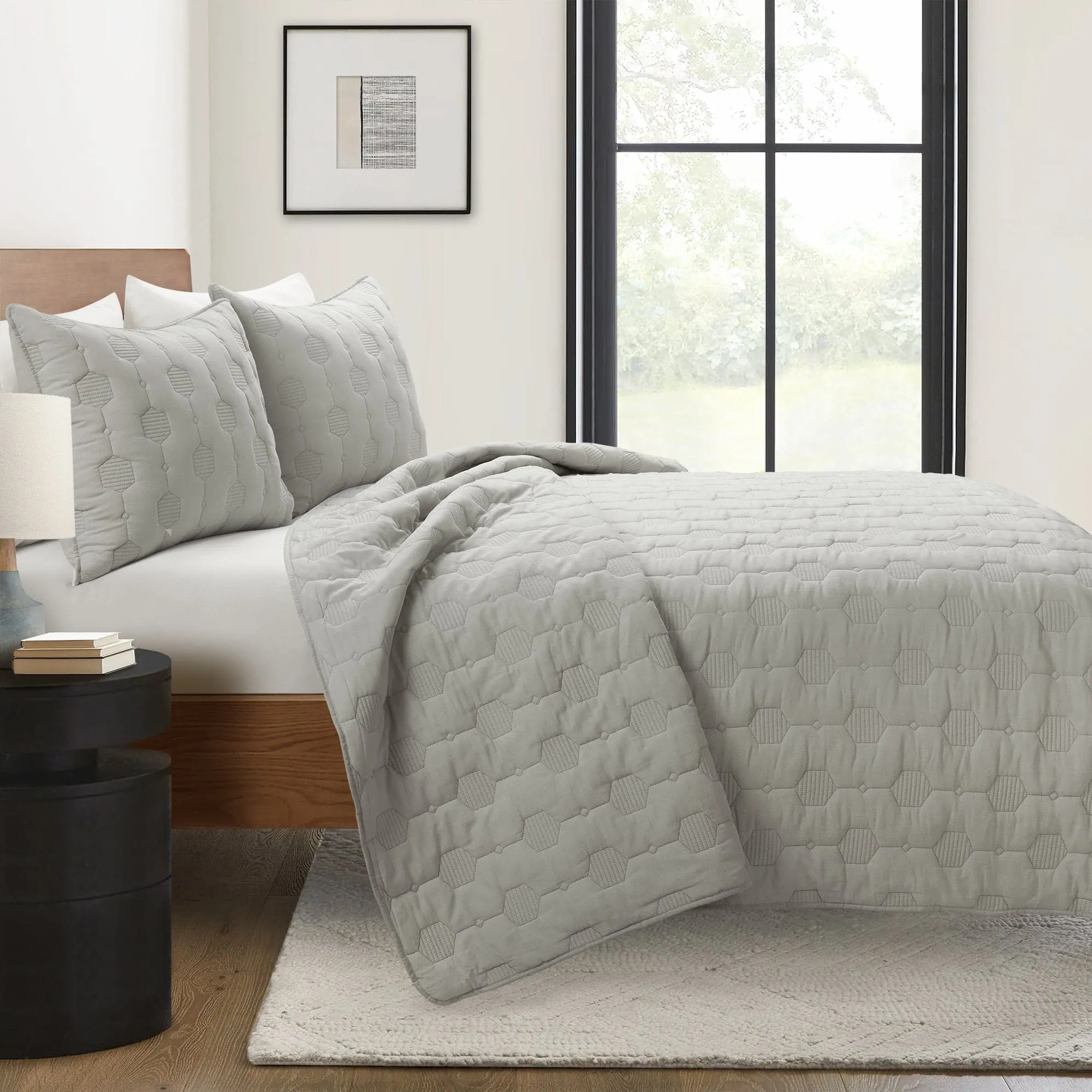 Hexagon Honeycomb Textured Cotton Quilt 3 Piece Set