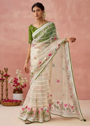 Ivory Soft Brasso Organza Printed Festive Classic Saree