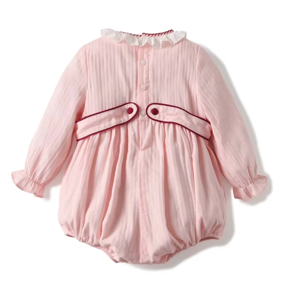 Lace Trim Floral Accents and Ruffled Sleeves Pink Baby Romper