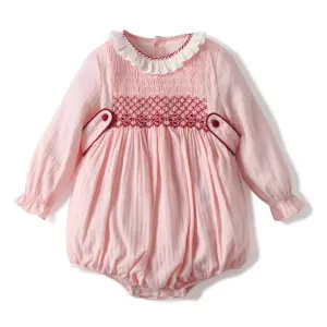 Lace Trim Floral Accents and Ruffled Sleeves Pink Baby Romper