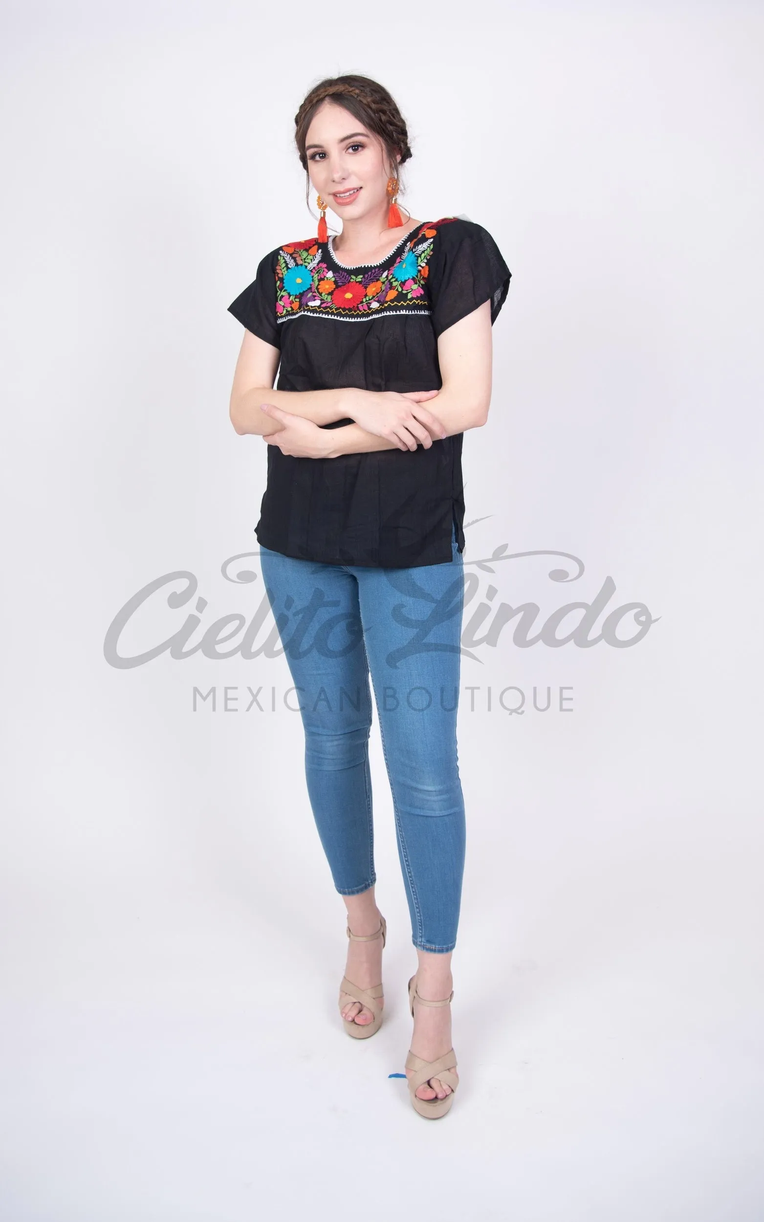 Mexican Tehuacan Embroidered Blouse Black