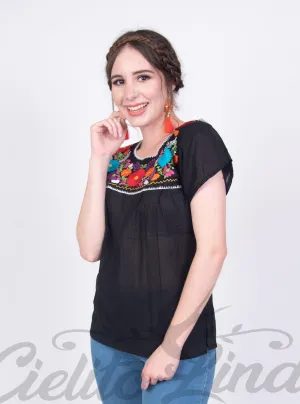 Mexican Tehuacan Embroidered Blouse Black