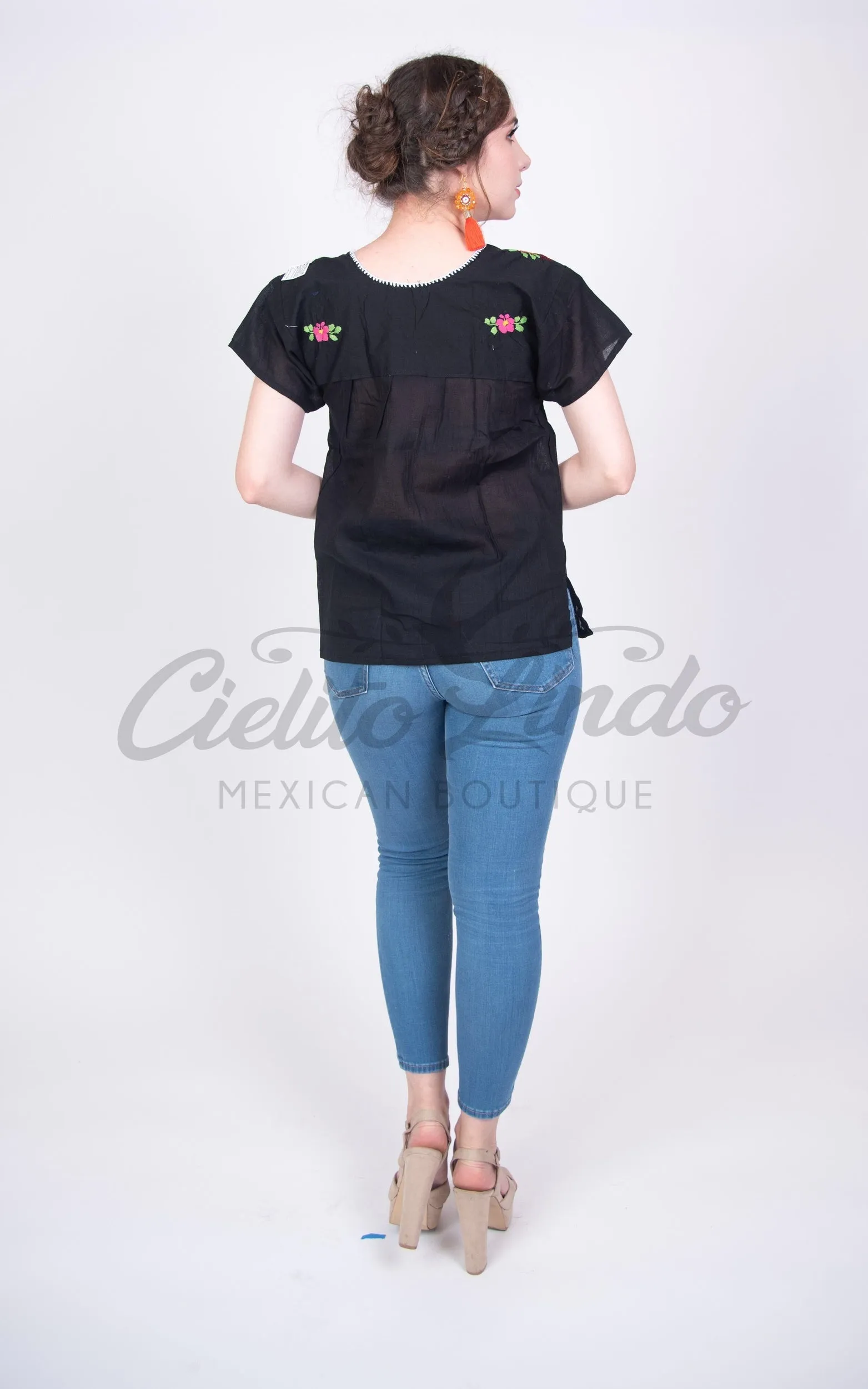 Mexican Tehuacan Embroidered Blouse Black