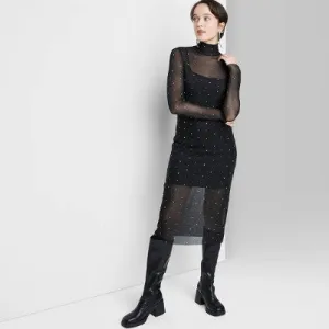 New - Women's Long Sleeve Rhinestone Mesh Midi Dress - Wild Fable Black XXS