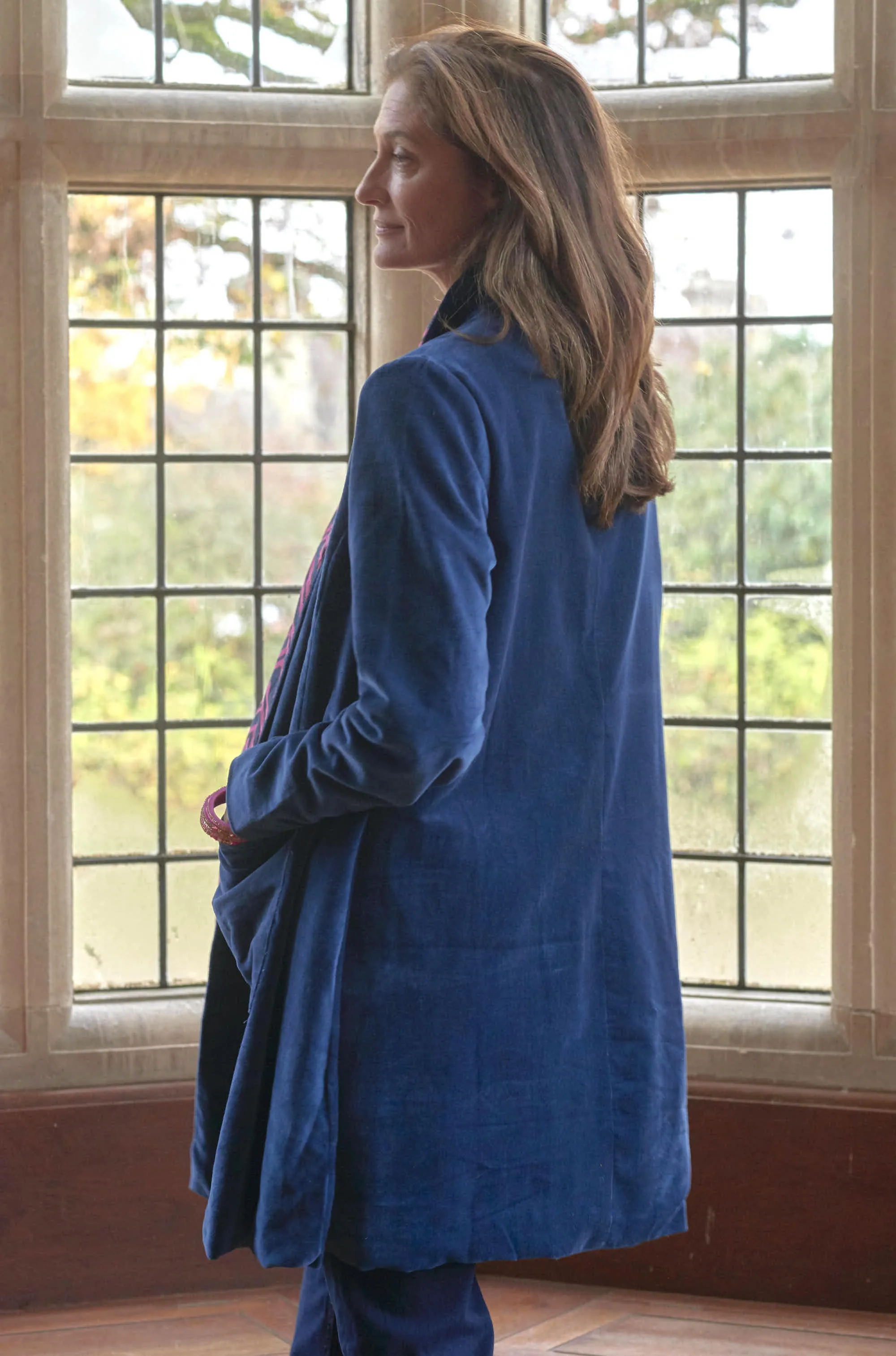 'Nika' Cotton Velvet Jacket | Plain Navy & Zig-Zag lining