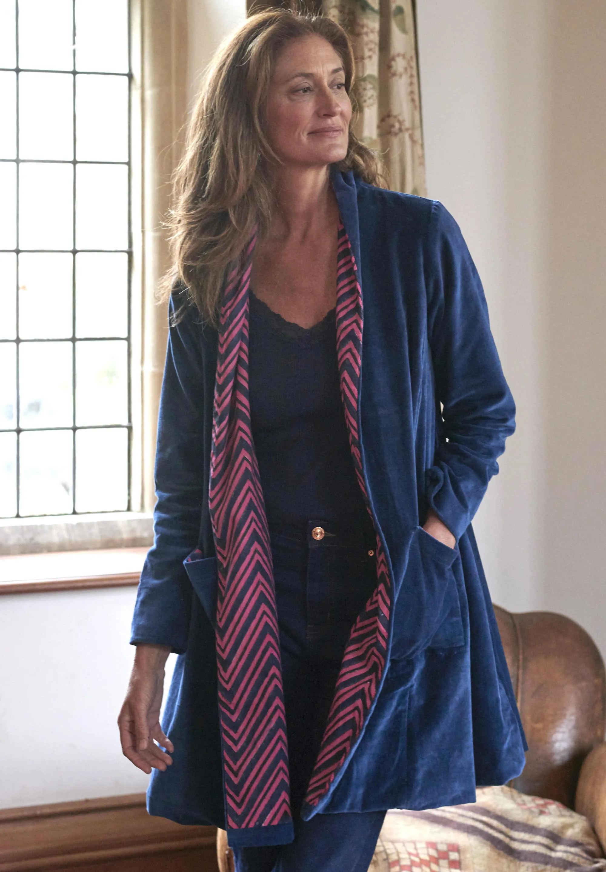 'Nika' Cotton Velvet Jacket | Plain Navy & Zig-Zag lining