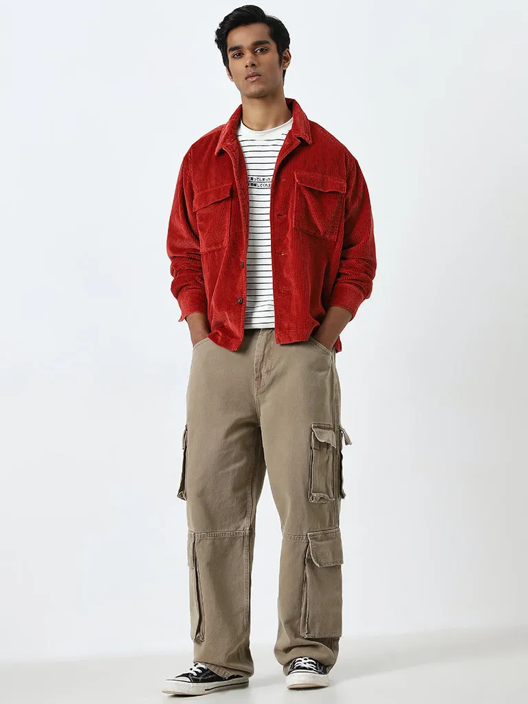 Nuon Red Ribbed Relaxed-Fit Cotton Jacket