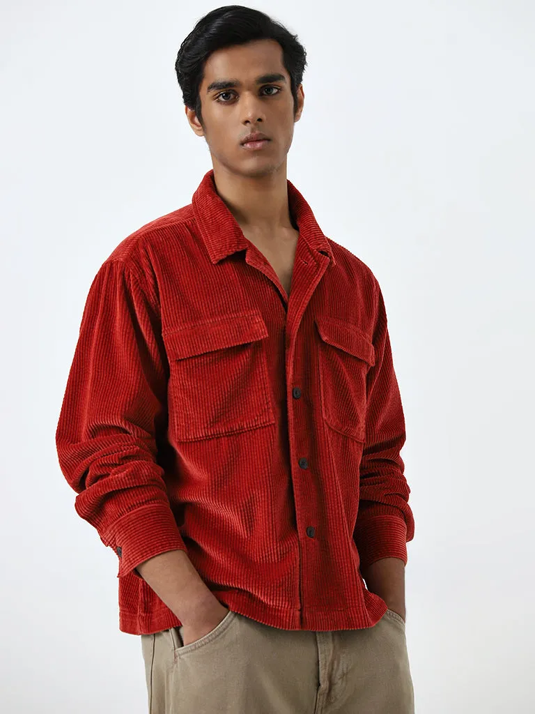 Nuon Red Ribbed Relaxed-Fit Cotton Jacket