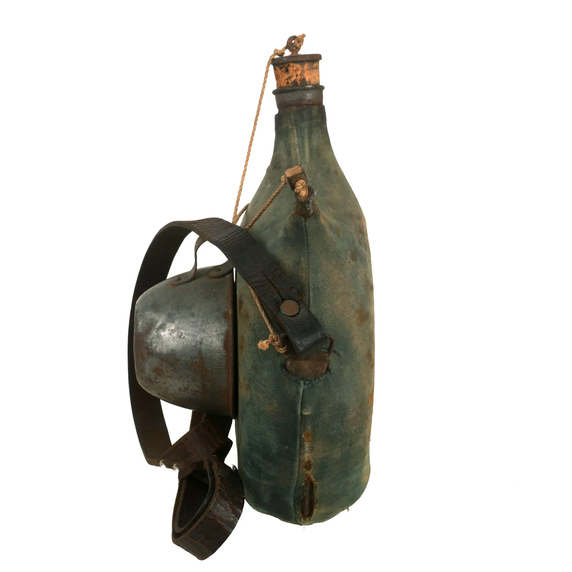 Original French WWI Model 1877 Canteen with Cover in Horizon Blue with Shoulder Strap and Tin Cup - Untouched