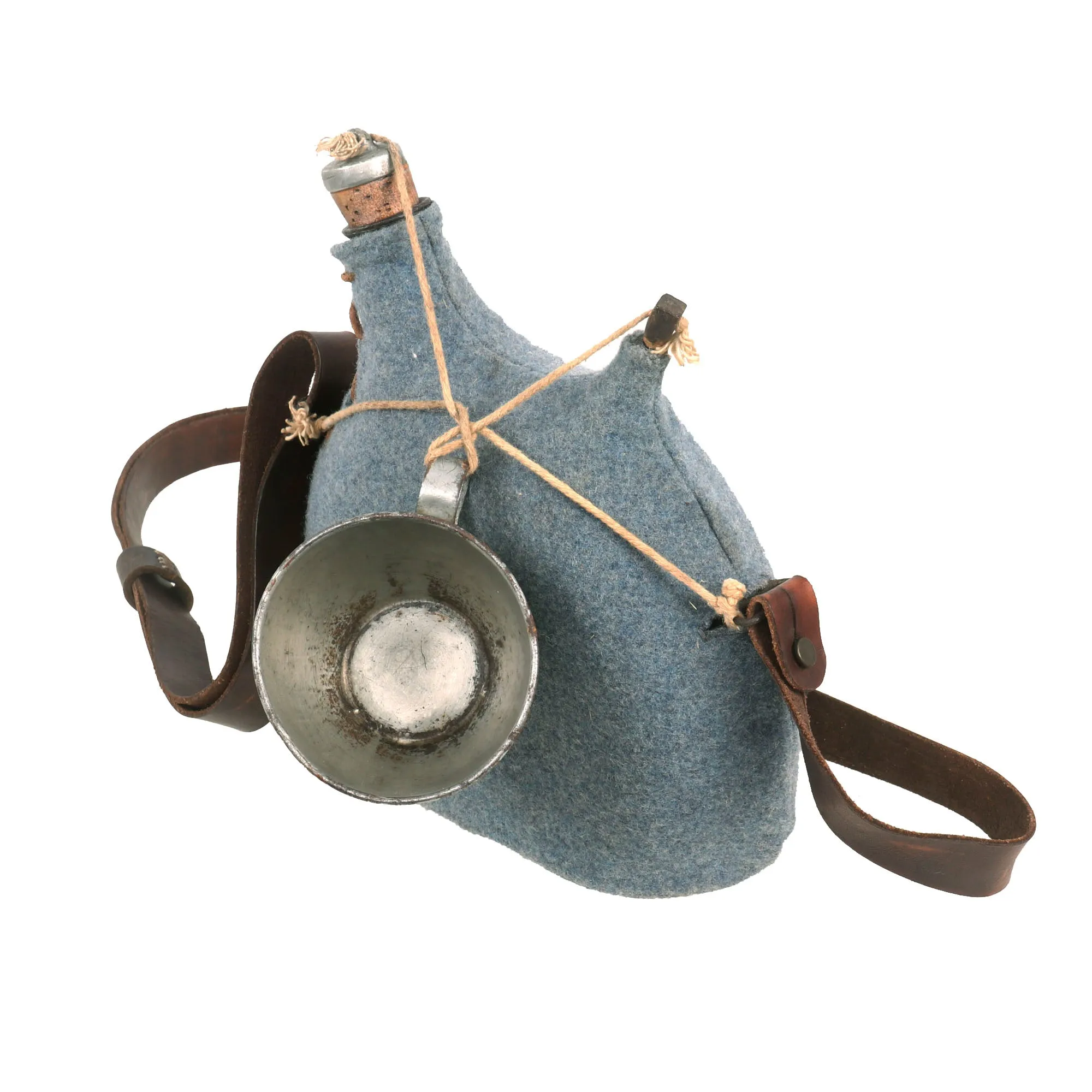 Original French WWI Model 1877 Canteen With Cover in Horizon Blue with Shoulder Strap and Tinned Cup - Bidon