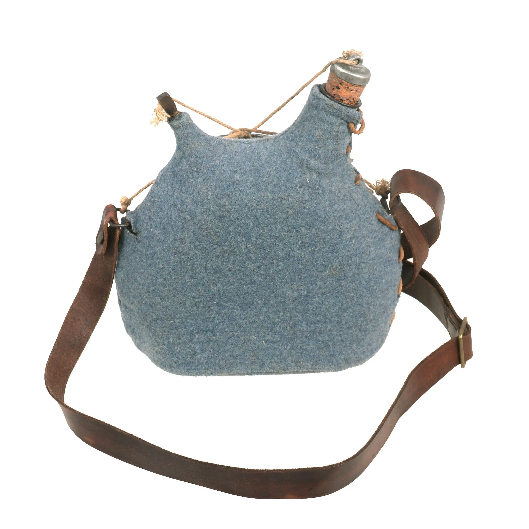 Original French WWI Model 1877 Canteen With Cover in Horizon Blue with Shoulder Strap and Tinned Cup - Bidon