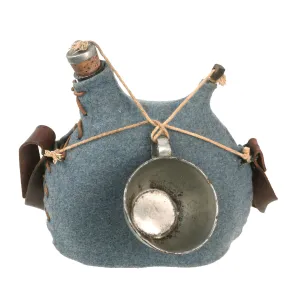 Original French WWI Model 1877 Canteen With Cover in Horizon Blue with Shoulder Strap and Tinned Cup - Bidon