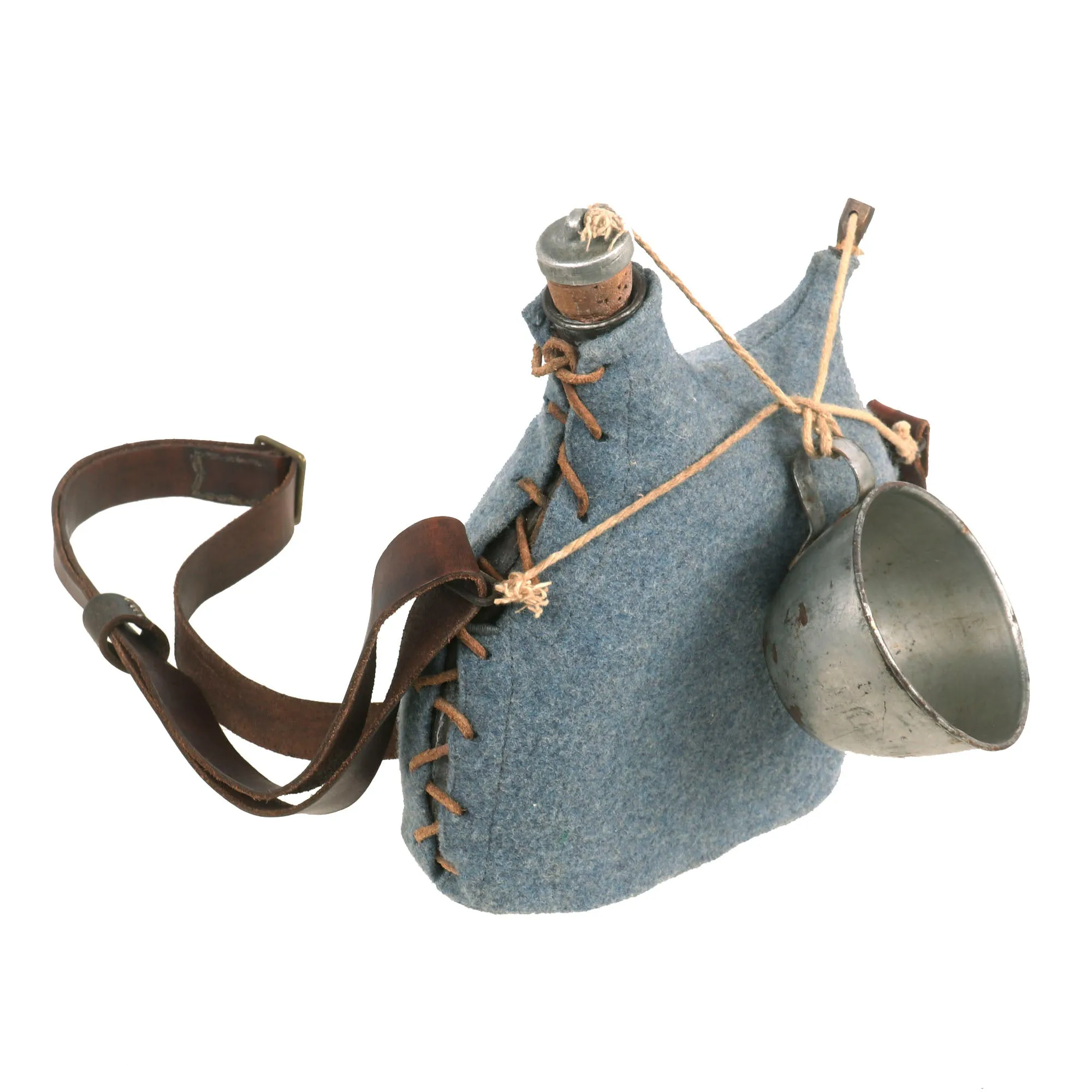 Original French WWI Model 1877 Canteen With Cover in Horizon Blue with Shoulder Strap and Tinned Cup - Bidon