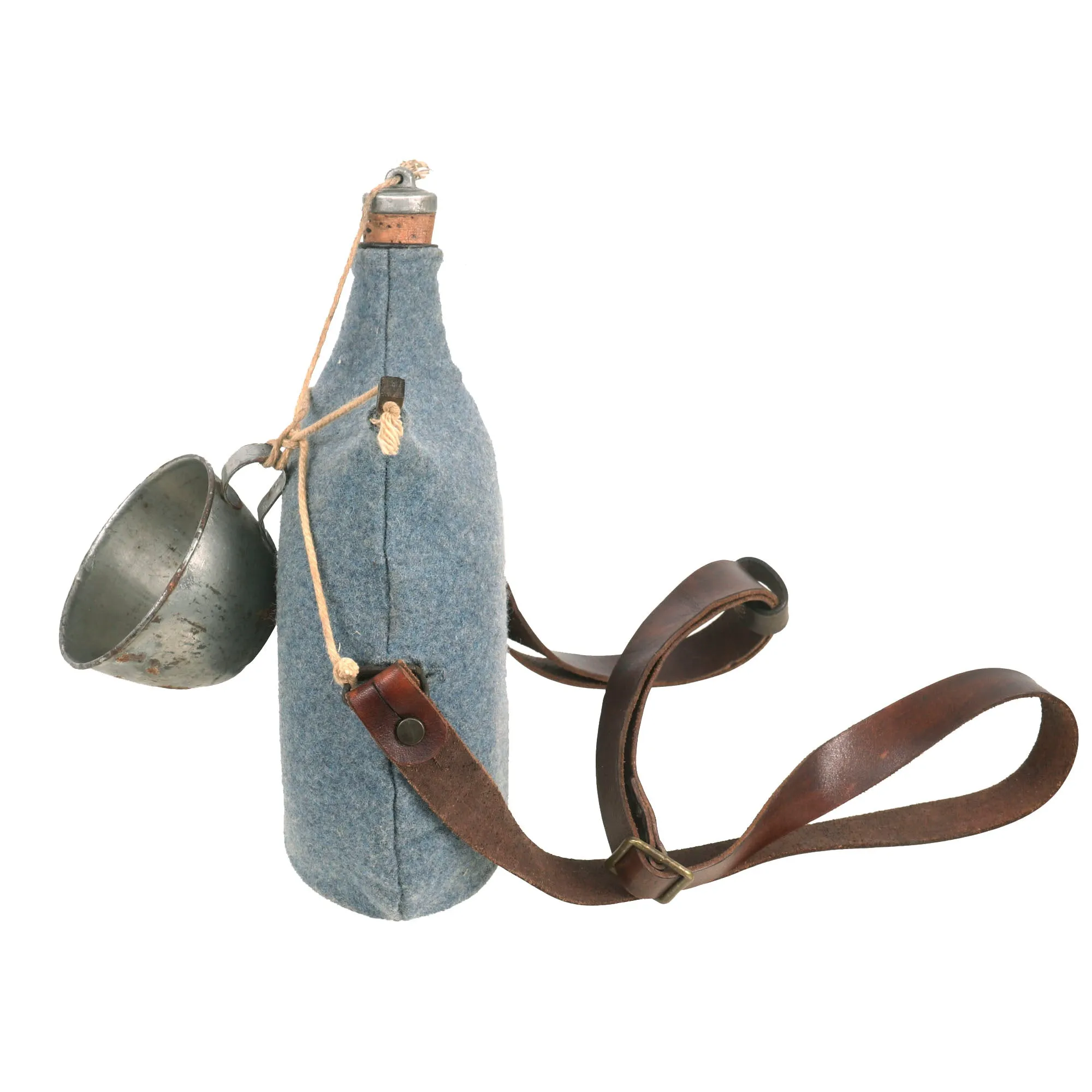 Original French WWI Model 1877 Canteen With Cover in Horizon Blue with Shoulder Strap and Tinned Cup - Bidon