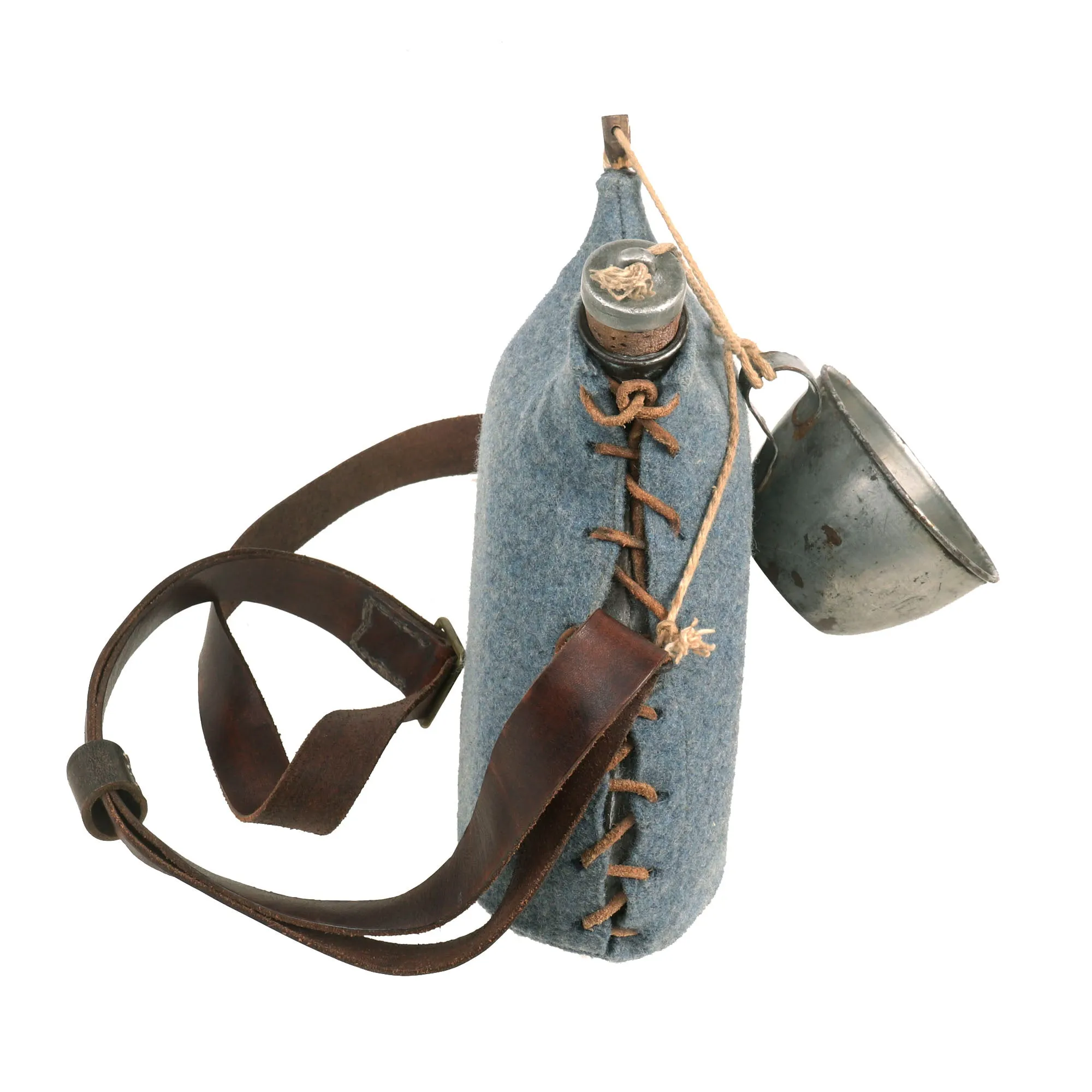 Original French WWI Model 1877 Canteen With Cover in Horizon Blue with Shoulder Strap and Tinned Cup - Bidon